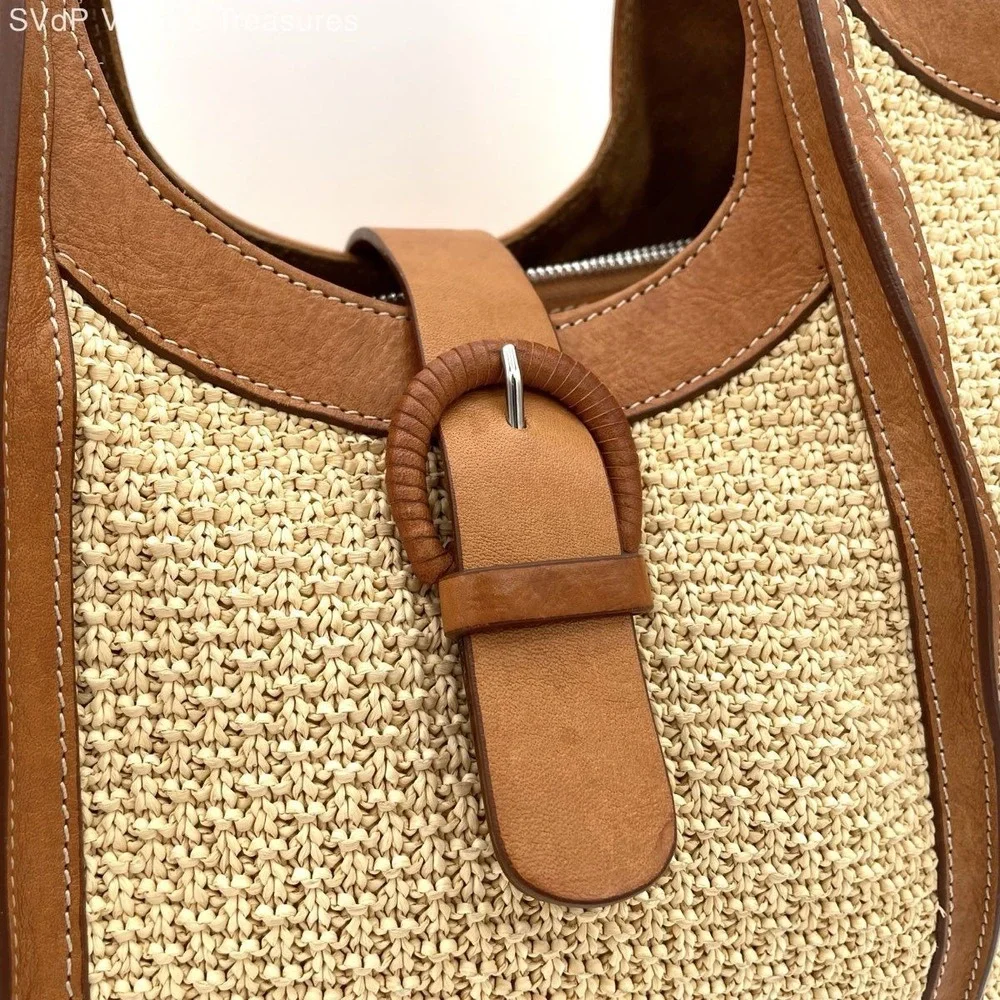 Cavalcanti Women's Woven Straw Leather Trim Tote Bag Tan Made in Italy Buckle